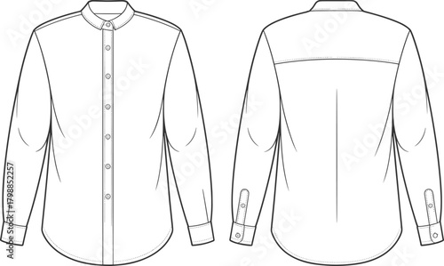 Flat sketch band collar shirt, full placket, back pleat, long sleeves, fashion technical drawing, garment construction, apparel template