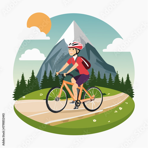 A person riding a bicycle on a scenic mountain path with pine trees and a sunny sky.