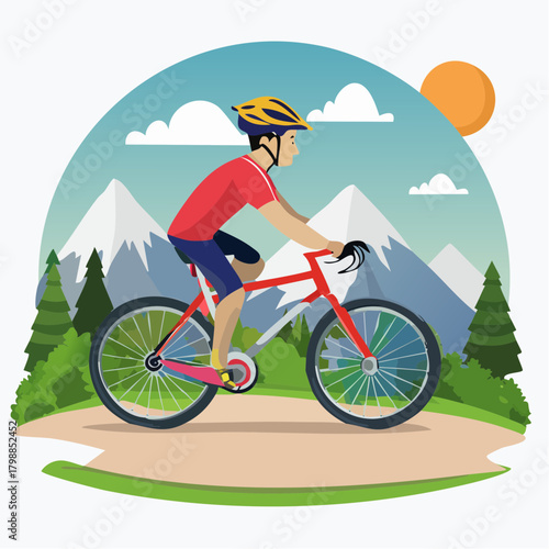 A male cyclist wearing a helmet and red shirt rides a bicycle on a scenic mountain path under a sunny sky.