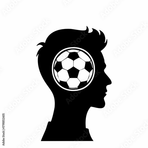 Silhouette of a man's head in profile with a soccer ball inside, representing a strong passion and focus on football.