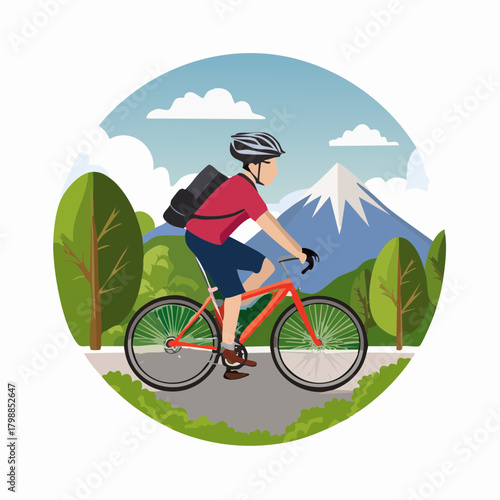 A person cycling on a scenic path with trees and a mountain in the background, depicting outdoor leisure and travel.