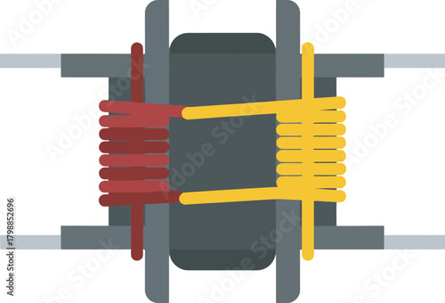 Illustration of a transformer with red and yellow coils, and connecting wires.