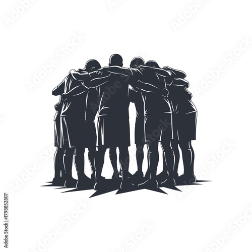 Team huddle of athletes in silhouette isolated on white background