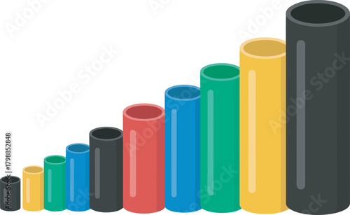 A row of colorful cylinders increasing in size from left to right against a white background.