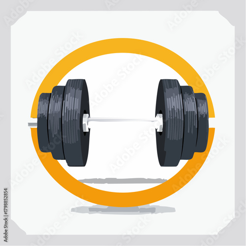 A graphic illustration of a heavy dumbbell with dark weights inside a vibrant orange circular frame.