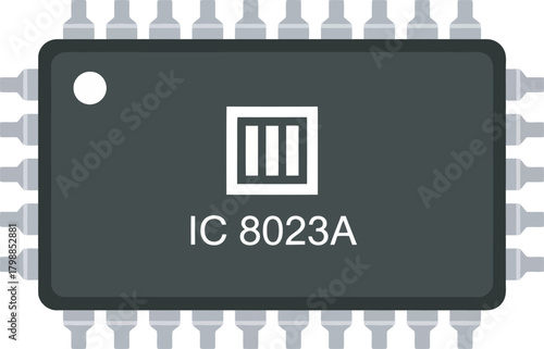 Close-up illustration of an integrated circuit chip with pins, displaying a logo and the code "IC 8023A".