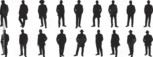 Formal male silhouettes set, black suit and coat icons, fashion poses, vintage and modern menswear, character design reference grid