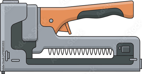 Illustration of a gray and orange staple gun, side view, with a black handle grip.