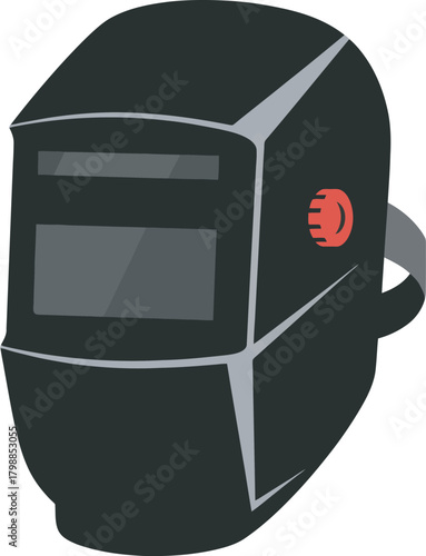 A graphic illustration of a black welding helmet, ready for protection.