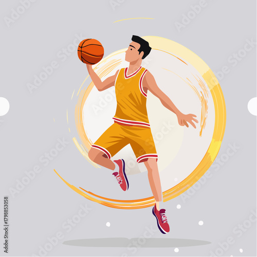 A dynamic illustration of a male basketball player in a yellow uniform jumping with a ball, set against a stylized orange circle.