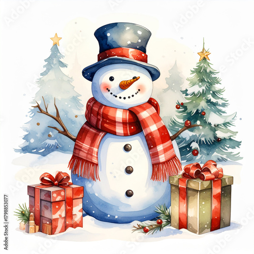 Cute Snowman with gift box and Christmas tree in winter forest. Watercolor New Year card.