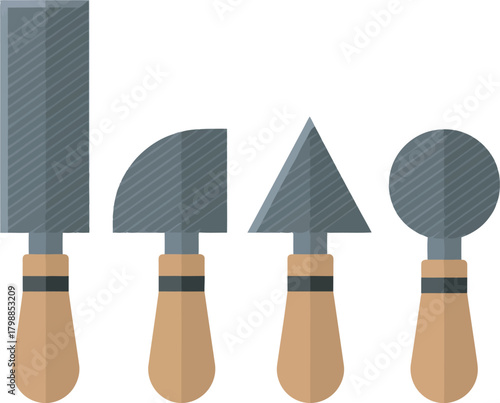 Four different shaped trowels with wooden handles in a row.