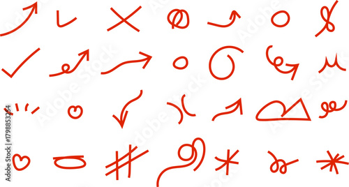 Collection of hand drawn red arrows and symbols 