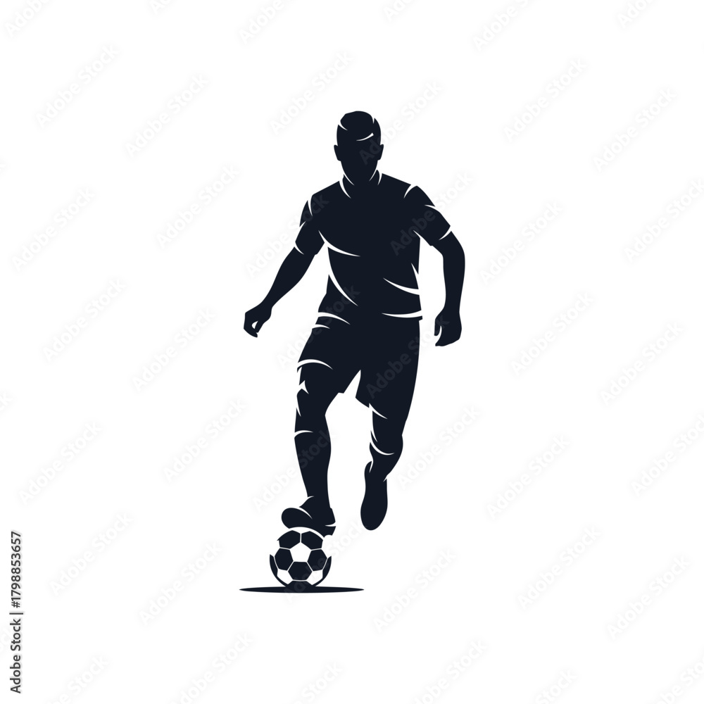 Fototapeta premium Silhouette of a soccer player dribbling a ball isolated on white background