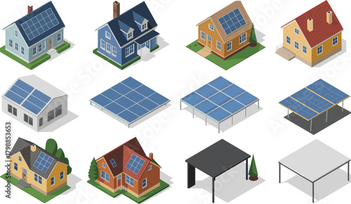 Isometric solar building set, rooftop panels, residential and utility structures, clean energy icons, eco architecture, renewable power grid