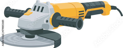Illustration of a yellow and gray angle grinder with a black handle.