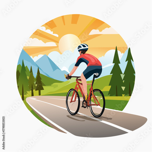Illustration of a person cycling on a road with mountains and trees in the background during sunset.