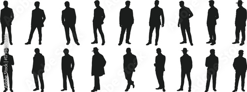 Male fashion silhouette poses, black suit icons, stylish coat figures, modern and vintage menswear, character design reference grid