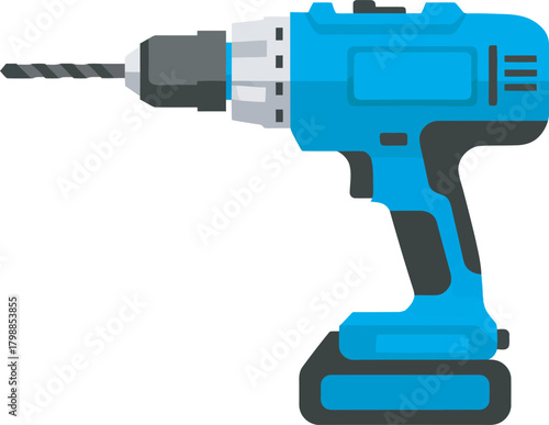 A blue cordless drill with a black drill bit, shown against a white background.