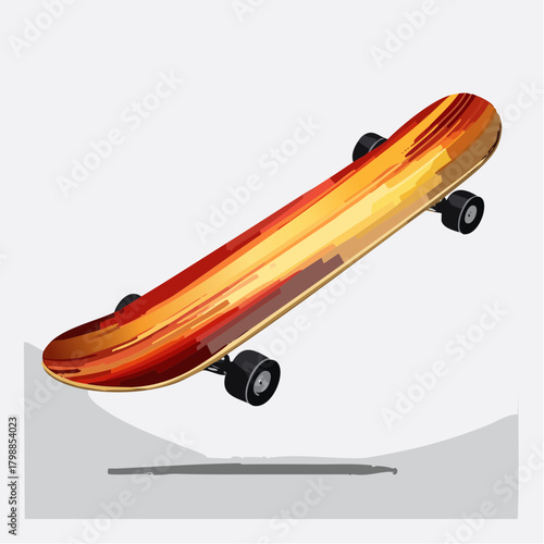 A vibrant skateboard with an abstract orange and red design, featuring black wheels and trucks, depicted at an angle.