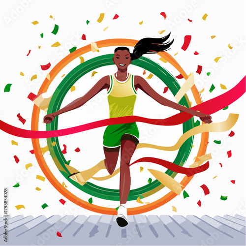 A triumphant female runner breaks the finish line ribbon amidst falling confetti and colorful circles.