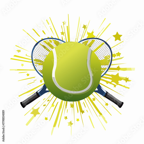 A vibrant illustration of a tennis ball and two crossed rackets with a dynamic yellow starburst background, symbolizing sport and energy.