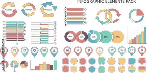 Collection of colorful infographic elements and icons for data visualization and presentation design
