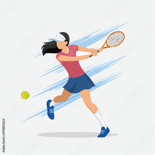A dynamic illustration of a female tennis player hitting a forehand shot on a court with a tennis ball in motion.