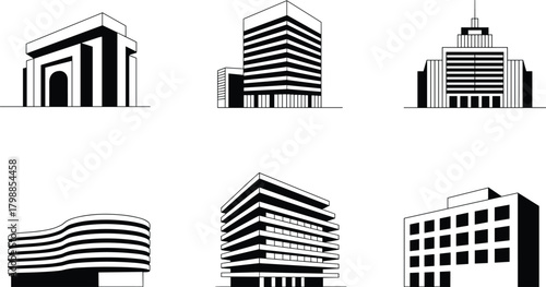 Modern building silhouettes, architectural styles, urban design, triumphal arch, skyscraper forms, art deco, black and white illustration, city structures
