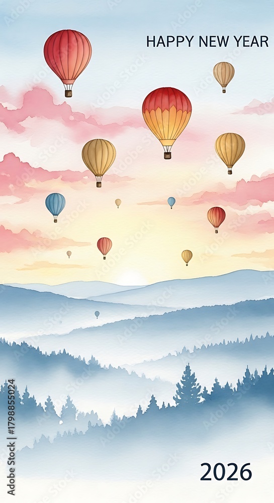Obraz premium Happy New Year 2026 Colorful Hot Air Balloons Ascending Over Misty Mountain Landscape at Sunrise