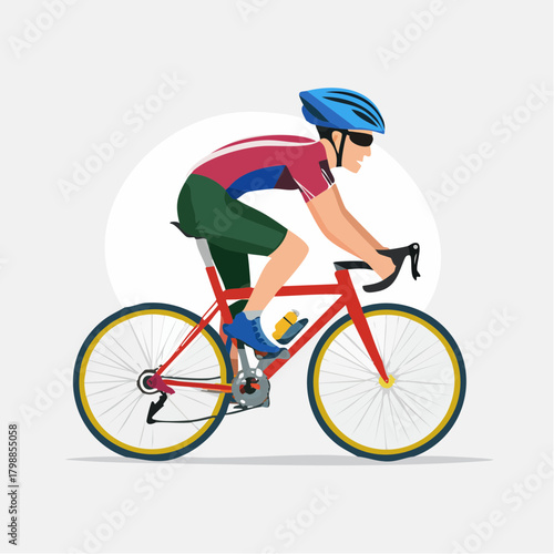 A male cyclist wearing a helmet and sunglasses, riding a red road bicycle in a dynamic side profile illustration.
