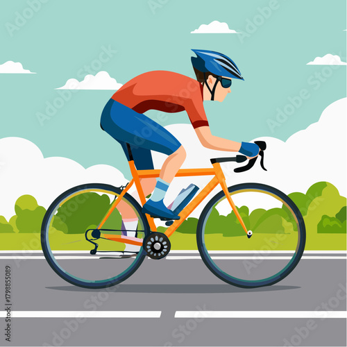 An illustration of a male cyclist in full gear riding a road bike on a paved road with a scenic background of trees and a blue sky.
