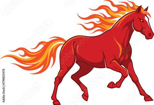 Powerful red running horse illustration with a stylized, fiery mane and tail flowing dynamically, symbolizing speed, strength, passion, and intense competitive energy, ideal for sports team mascots an