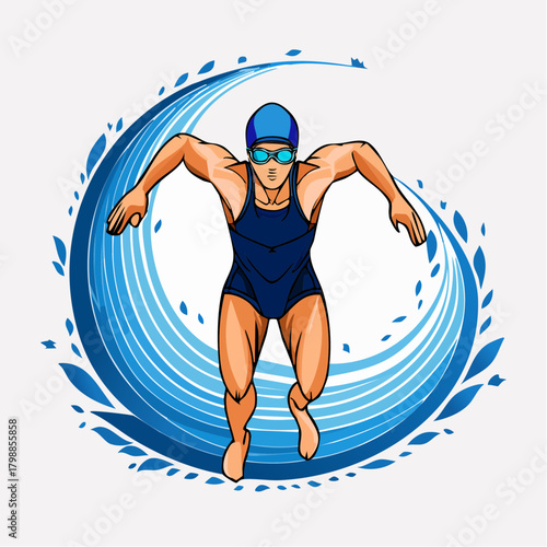 A dynamic illustration of a swimmer in a blue suit and cap, surrounded by a swirling blue water splash, depicting motion and energy.