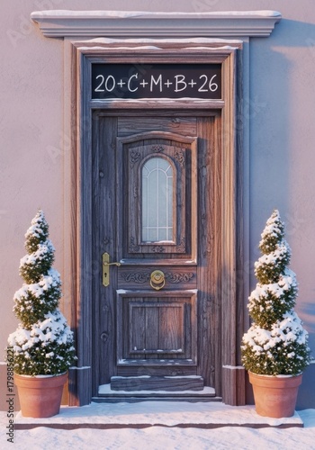 House blessing chalk inscription 20+c+m+b+26 above door with two snowy potted trees.