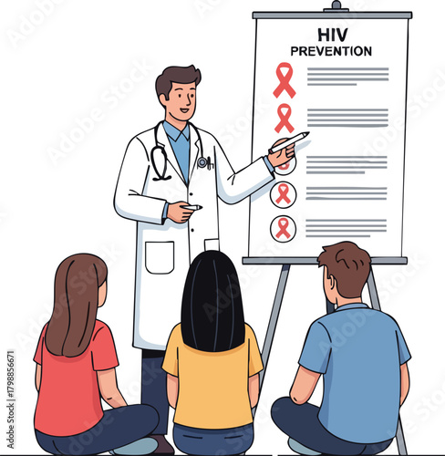 A doctor in a white coat presents an HIV prevention poster to two seated people in a straightforward, illustrative style with a clean white background and a focus on health education.