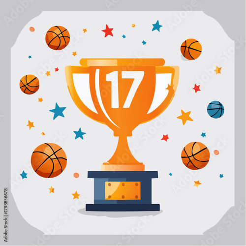 A golden trophy with the number 17, surrounded by basketballs and colorful stars, symbolizing a sports achievement or victory.