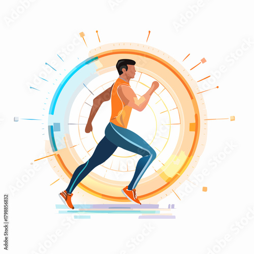 A man running with a futuristic, abstract circular graphic in the background, symbolizing progress or technology.