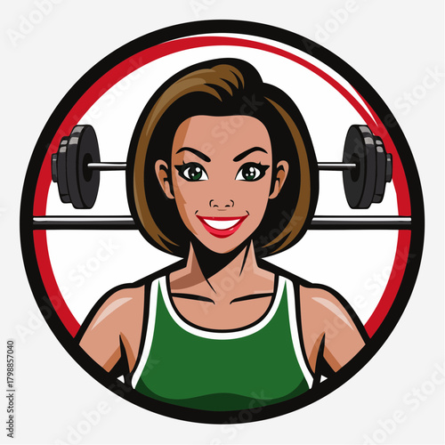 A cartoon illustration of a smiling woman in a green tank top with a barbell behind her, set within a circular frame.