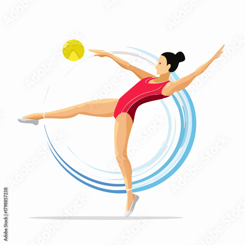 Female rhythmic gymnast in a red leotard performing a graceful routine with a yellow ball, set against a dynamic blue swirl background.