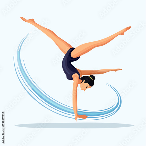 Female gymnast performing a dynamic handstand with split legs and motion blur effect.