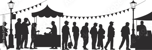 Street market silhouette, vendor stalls, festive flags, people shopping, outdoor fair scene, urban gathering, community event, black and white illustration