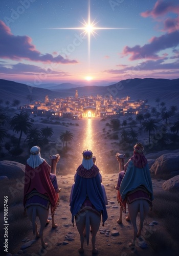Three wise men on camels follow the star to bethlehem at night, concept of christmas.