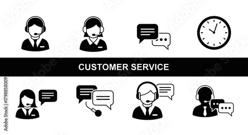 Customer service icons featuring people with headsets, speech bubbles, and a clock.