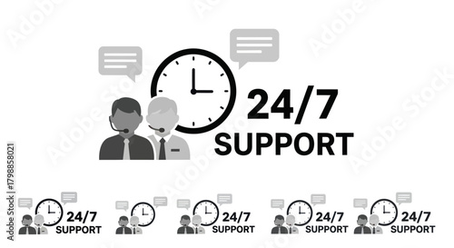 24/7 support illustration with clock and customer service representatives.