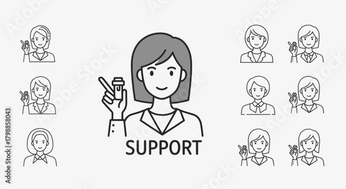 Illustration of a woman holding a bottle and pointing, with the word SUPPORT below her, surrounded by smaller icons of women.