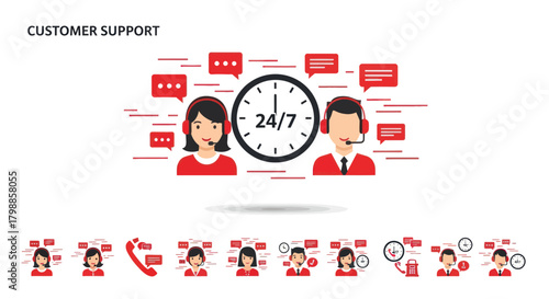 Vector illustration of 24/7 customer support with call center agents and communication icons.