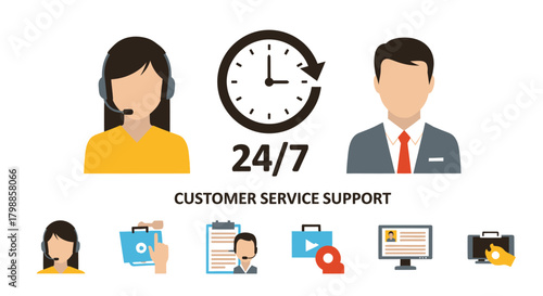 Customer service support 24/7 with agents, clock, and various icons.