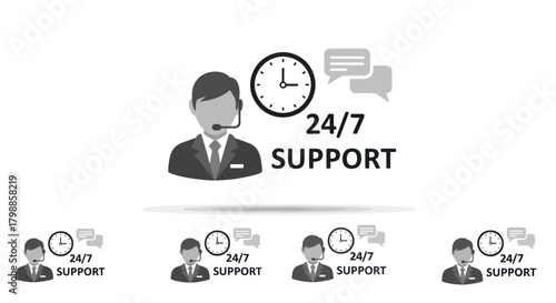 Customer service icon featuring a person with a headset, a clock, and speech bubbles, representing 24/7 support.