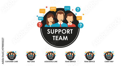 Illustration of a support team with three customer service representatives wearing headsets, surrounded by communication icons and question marks, representing help and assistance.